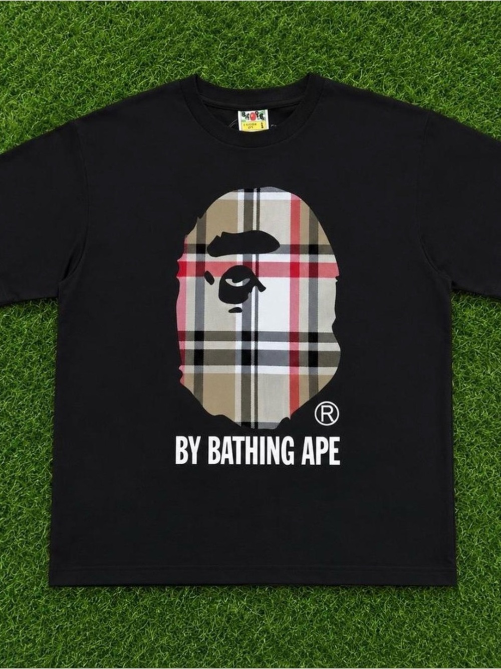 Bape Black Tee with Beige and Red Plaid Ape Head
